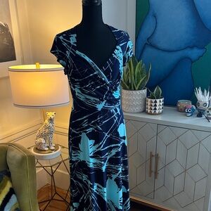 Leota Navy and Aqua Abstract Wrap Maxi Dress